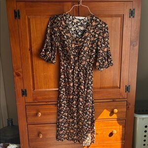 Zara size S Small Floral Black and Brown Women’s V-Neck Midi Dress NWOT
